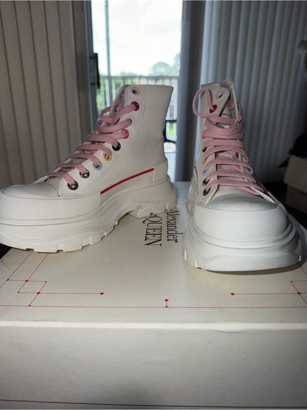 Alexander McQueen White High-Top Platform Sneakers with Pink Laces